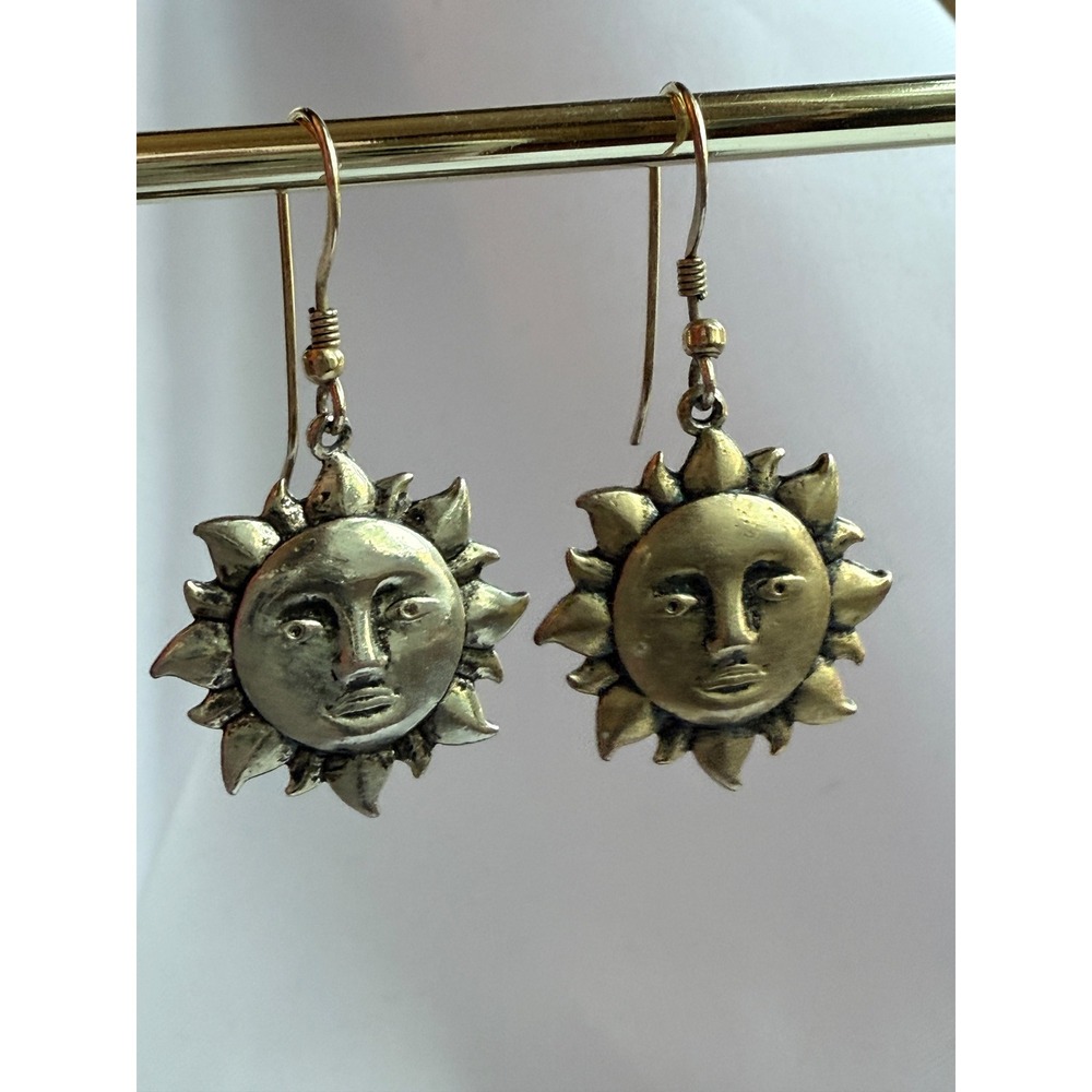Vintage Avon Sun Face Earrings Celestial Silver Tone Drop Dangle Bohemian 90s